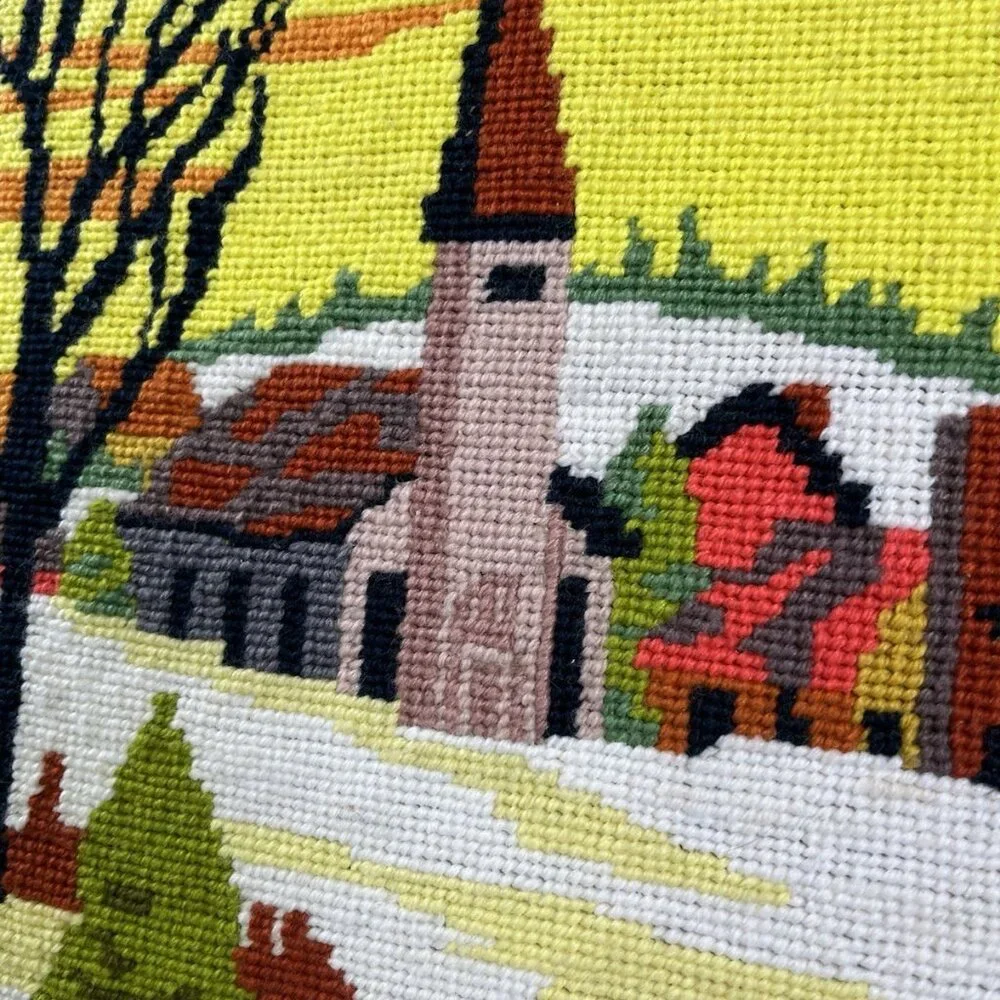 Vintage MCM Needlepoint Landscape Of Church Village Framed 17” X 12” Winter